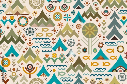 Abstract conceptual design celebrates outdoors adventure, representing plants, flowers, woodland, forest, mountains, trees, camping tents, fish and water in v-shapes and other earthy shades geometrics