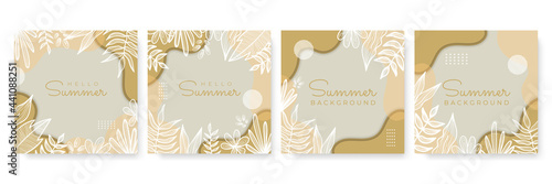 Vector set of earth tone social media post and stories design templates, backgrounds with copy space for text - summer landscape. Summer background with leaves and waves