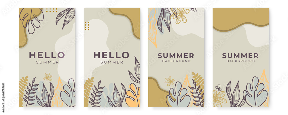 Vector set of earth tone social media post and stories design templates, backgrounds with copy space for text - summer landscape. Summer background with leaves and waves