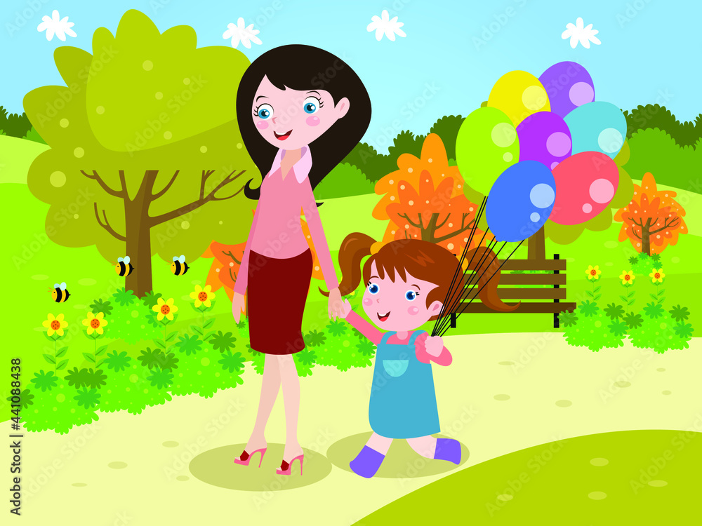 Happy mother and daughter walking at the park while holding colorful balloons Happy mother and daughter walking at the park while holding colorful balloons