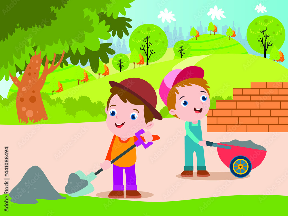 Two happy little boys playing as handyman and build a brick wall together Two happy little boys playing as handyman and build a brick wall together