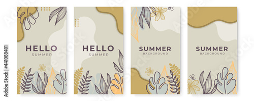 Vector set of earth tone social media post and stories design templates, backgrounds with copy space for text - summer landscape. Summer background with leaves and waves
