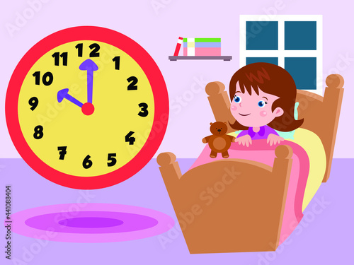 Education vector concept. Little girl awakened at night and sitting on the bedroom