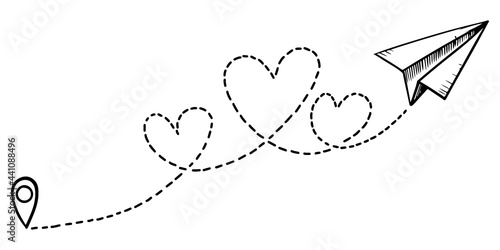 doodle paper plane icon. Hand drawn Paper plane with heart path. Love airplane route. vector illustration.