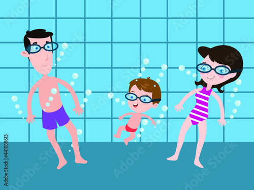 Happy family swimming and diving together in the swimming pool