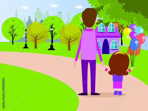 Father and daughter walking at the park while holding colorful balloons
