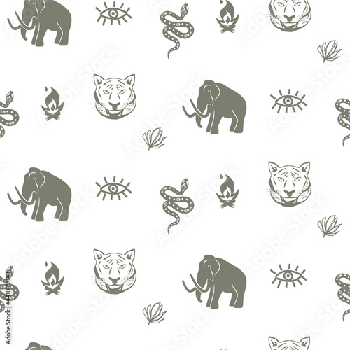 Mammoth seamless pattern with tiger and snake stone age theme background
