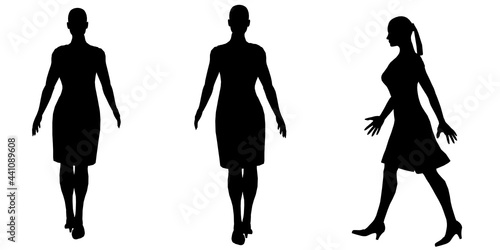 Silhouette of a walking girl isolated on a white background. Side, front, back view. Vector illustration