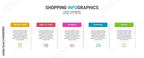 Concept of shopping process with 5 successive steps. Five colorful graphic elements. Timeline design for brochure, presentation, web site. Infographic design layout.