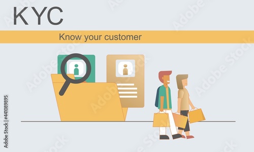 Know Your Customer (KYC) process of verifying identity customers,research and influence to promotion advertising in marketing online,practices assess and monitor customer risk,vector illustration.