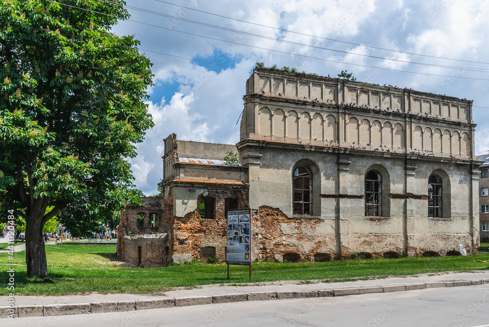Brody, Ukraine - june, 2021: The ruins of The Old fortress synagogue of Brody 