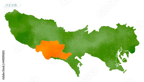 水彩風の地図　東京都　八王子市