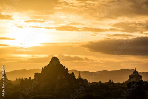 The sunset of Bagan  Myanmar is an ancient city with thousands of historic buddhist temples and stupas.