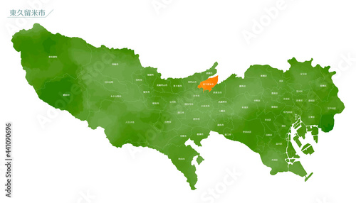 水彩風の地図　東京都　東久留米市