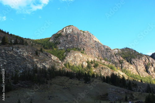 The Altai Mountains. Altai Republic. Tourism, travel. Background, texture, element for design, print, postcard.