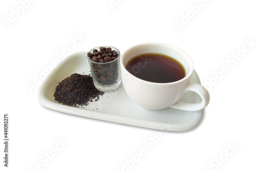 Black coffee and coffee beans on a white background with a clipping path