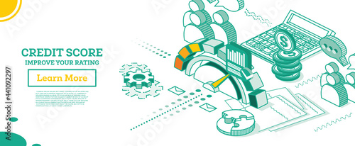 Isometric Personal Credit Score or Rating Concept. Coins with Calculator.