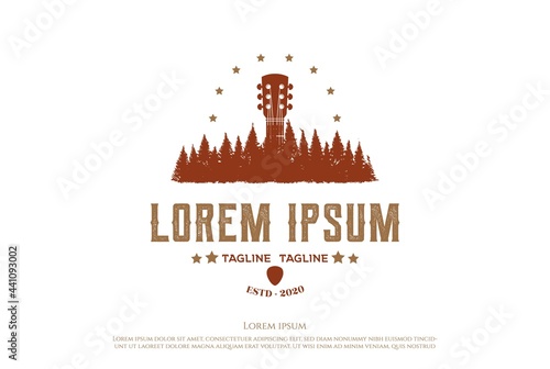 Guitar Pine Spruce Cedar Fir Cypress Hemlock Conifer Tree Forest Silhouette Music Logo Design Vector