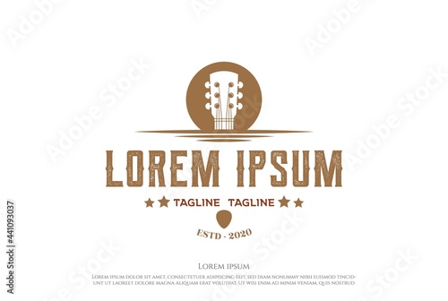 Sunrise Sunset Moon Lake River Creek Country Guitar Music Western Vintage Retro Saloon Bar Cowboy Logo Design Vector