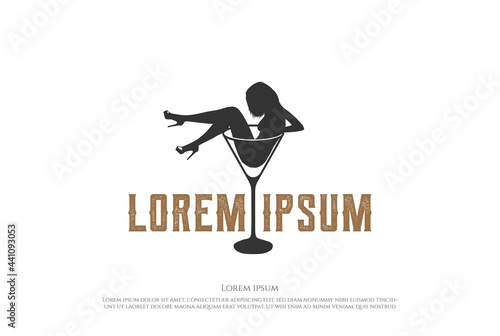 Sexy Hot Woman Lady Girl Female Silhouette Wine Glass Bar Night Dancer Club Logo Design Vector