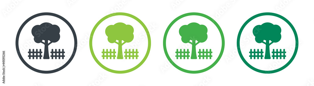 Garden icon. Tree with fence symbol sign isolated on white background.