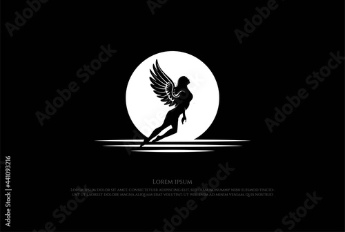Sunset Sunrise Hot Sexy Flying Angel Woman Girl Lady Female Logo Design Vector