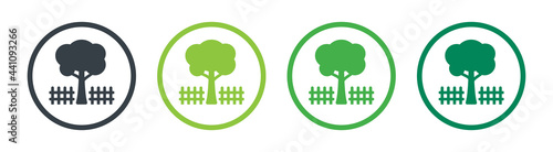 Garden icon. Tree with fence symbol sign isolated on white background.