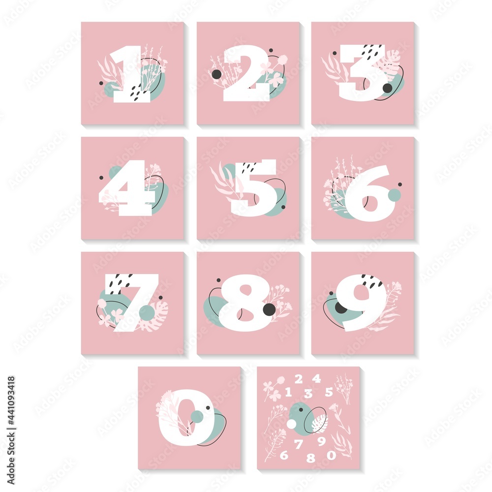 Set with Numbers. Elegant compositions. Floral decor, plants, flowers, branches. Vector illustration. Print, sticker, card design. Simple modern, contemporary style. 1, 2, 3, 4, 5, 6, 7, 8, 9, 0. Set with Numbers. Elegant compositions. Floral decor, plants, flowers, branches. Vector illustration. Print, sticker, card design. Simple modern, contemporary style. 1, 2, 3, 4, 5, 6, 7, 8, 9, 0.