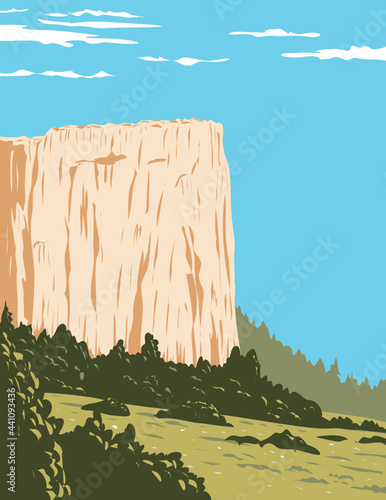WPA poster art of Inscription Rock, a sandstone bluff in El Morro National Monument in Cibola County, New Mexico, United States done in works project administration style or federal art project style.