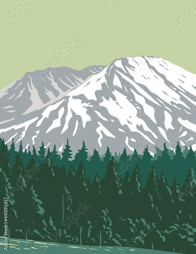 WPA poster art of Mt. Saint Helens in Mount St. Helens National Volcanic Monument located in Gifford Pinchot National Forest, Washington State United States done in works project administration style. photo
