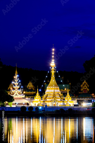 Night light and water reflection Wat Jongklang - Wat Jongkham the most favourite place for tourist in Mae hong son, Thailand.