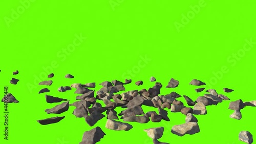 animation rocks falling to the ground, 3d render green screen