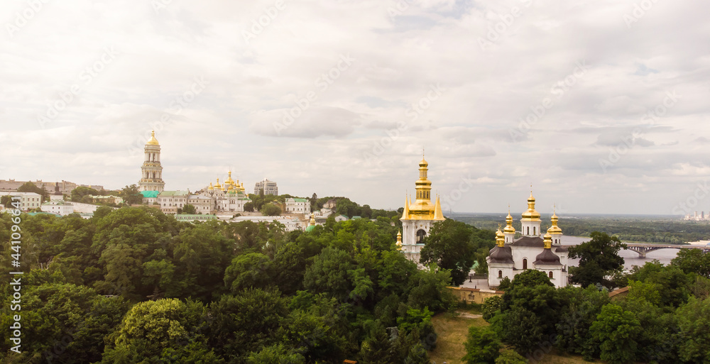 Kiev overview with Dnieper river and Kiev Pechersk Lavra or Kyiv Pechersk Lavra, Kyievo-Pechers'ka lavra Kiev overview with Dnieper river and Kiev Pechersk Lavra or Kyiv Pechersk Lavra, Kyievo-Pechers'ka lavra