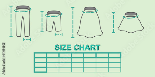Size chart for men's and women's bottoms, short or long. With lines for the height, width and overall size of the garment. Can be edited as needed.
