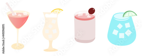 4 cocktail glasses minimal vector illustration. Four refreshing cocktails with ice dubes and lemon. Set of alcoholic drinks.