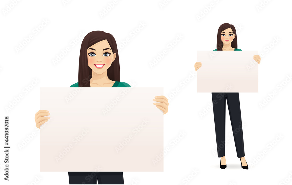 Elegant businesss woman holding empty blank board isolated vector illustration Elegant businesss woman holding empty blank board isolated vector illustration
