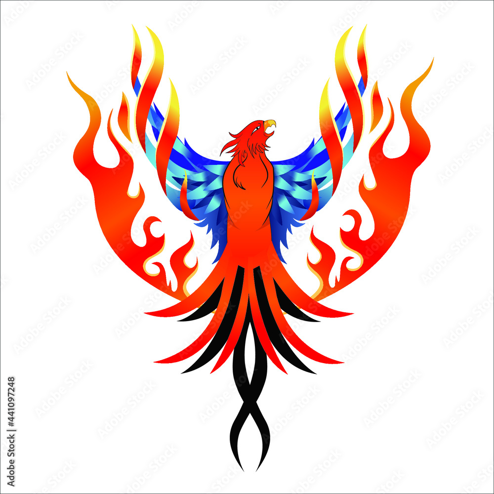 Fototapeta premium Phoenix Fire bird illustration and character design in white background with golden and blue wings logo.