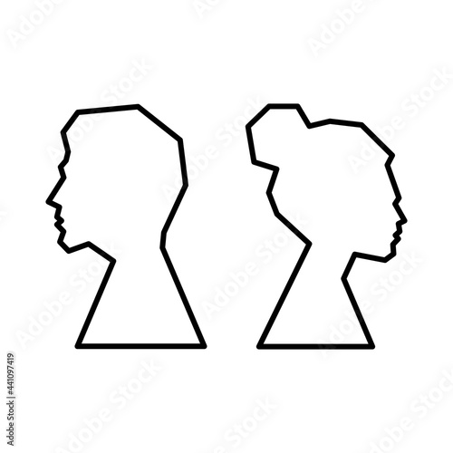 Silhouette of men and women who quarrel and turn their backs icon. Psychology. Divorce of a young couple. Isolated symbol for: illustration, outline, logo, design, web, dev, ui, ux, gui. Vector EPS 10