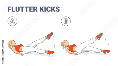 Girl Doing Flutter Kicks Exercise Fitness Home Workout Guidance Illustration. Vector concept.