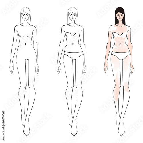 Three vector fashion sketch templates with walking slim young girl