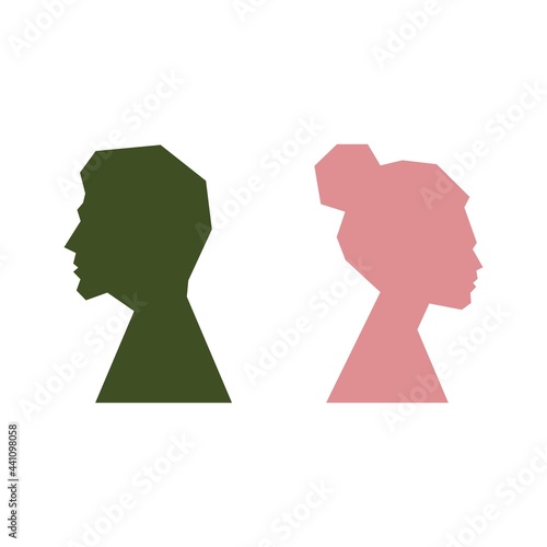 Silhouette of men and women who quarrel and turn their backs color icon. Psychology. Divorce of a young couple. Isolated symbol for: illustration, badge, logo, design, web, dev, ui. Vector EPS 10