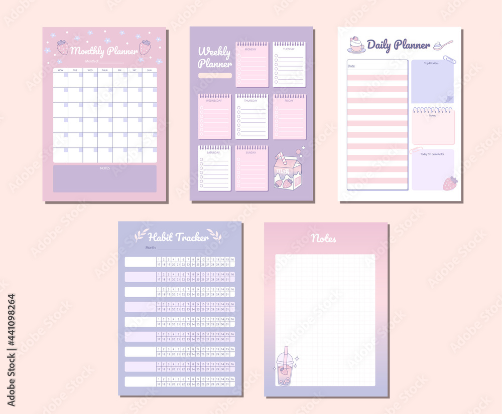 Printable daily, weekly, monthly, and habit tracker with Cute dessert cake designs and illustrations Printable daily, weekly, monthly, and habit tracker with Cute dessert cake designs and illustrations
