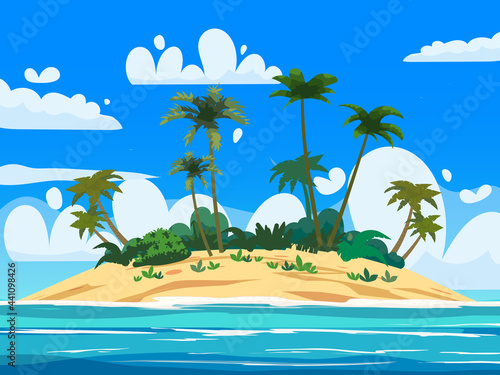 Tropical Exotic Island, plants, palms, jungle, sea, ocean, clouds. Summer vacation resort. Vector Illustration