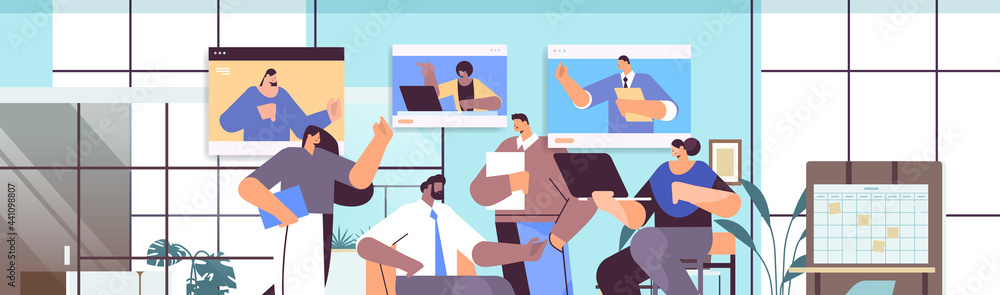 businesspeople team discussing with colleagues in web browser windows during video call virtual conference businesspeople team discussing with colleagues in web browser windows during video call virtual conference