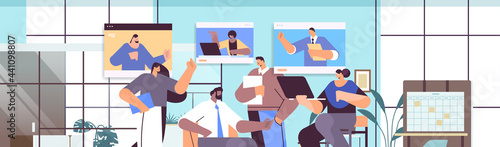 businesspeople team discussing with colleagues in web browser windows during video call virtual conference