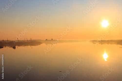 View of the Dnieper river at sunrise in Kremenchug, Ukraine