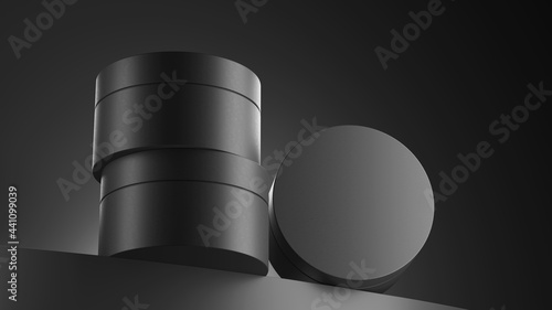 A black bottle and jar, cosmetics on a black background, a bottle of perfume. 3d render, a place for text in a dark brutal layout.