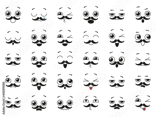 Set of cute kawaii emoticon with a mustache. Cartoon face collection. Vector illustration