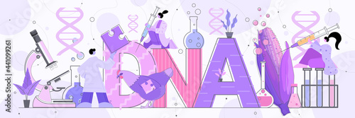 scientists working with DNA of corn and chicken researchers making experiment in lab genetically modified vegetables and animals