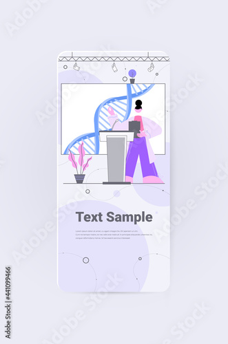 female scientist giving speech from tribune DNA testing genetic engineering medical conference concept